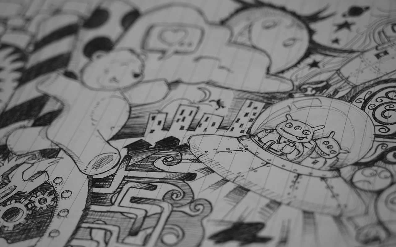 A page of ink pen doodles, a type of creativity drill that can help with staying focused at work.