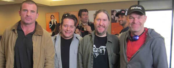 Anthony Metivier on the set of Bailout with Eddie Furlong, Dominic Purcell and Uwe Boll