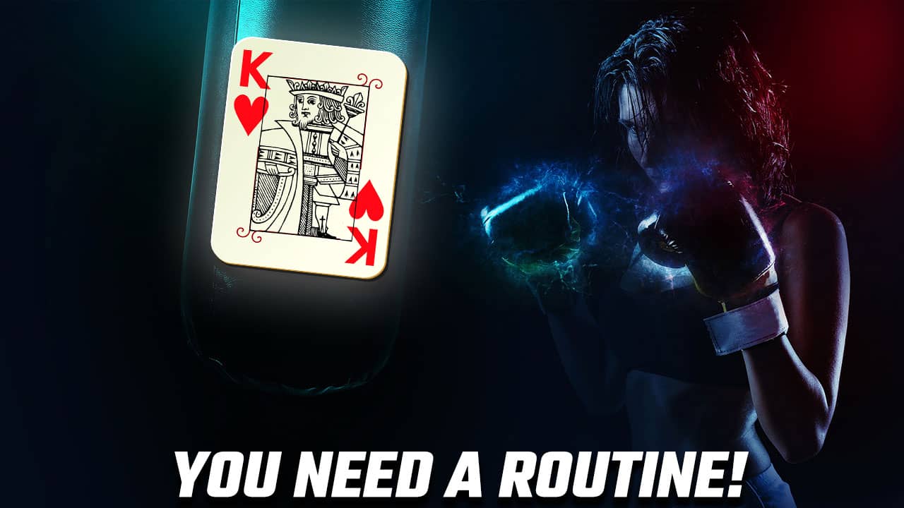 Image of a boxer and boxing bag with a playing card to illustrate the need for a memory training routine