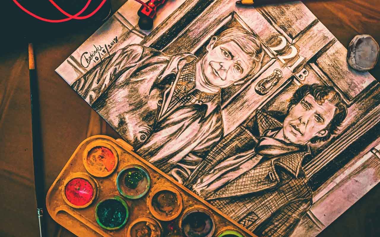 An ink drawing of Sherlock Holmes and John Watson.