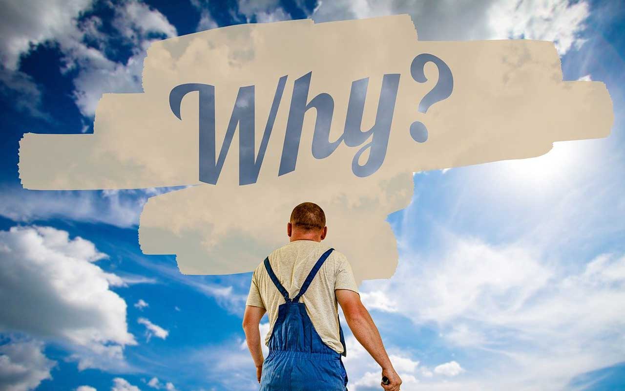 A man in overalls stands in front of a blue sky, with the word "why" painted across the sky.